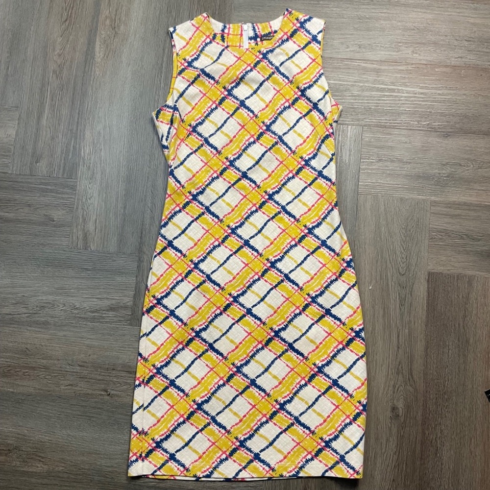 J.McLaughlin Devon Sleeveless Plaid Sheath Dress Womens XS Yellow Blue Preppy